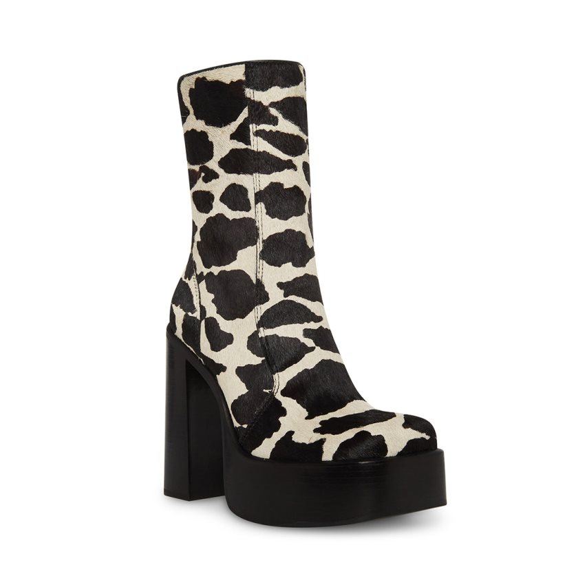 Black / White Steve Madden Dwane-c Cow Print Women's Ankle Boots | PH 2894BAY